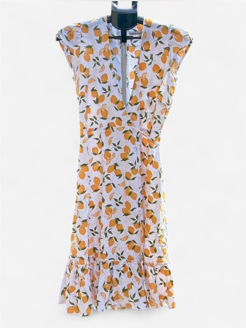 Reformation Veronika Linen Wrap Midi Dress Citron Lemon Print S
